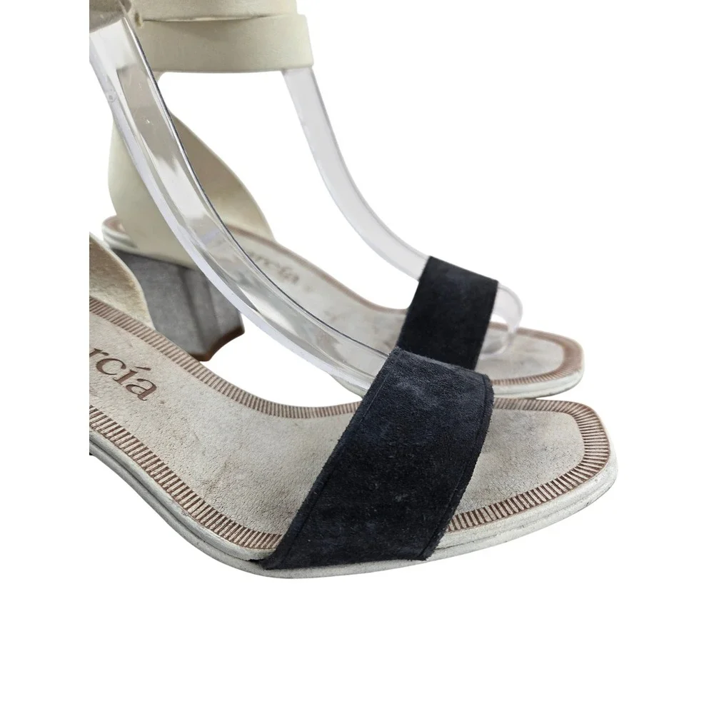 Pedro Garcia Xola Sandals White Leather Black‎ Suede Silver Block Heel Size 37 7